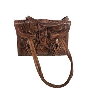 1970 Avelar Mexico Satchel Handbag Hand Tooled Leather Mayan Floral Western M/L
